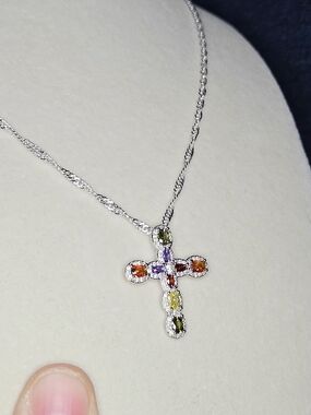 NWOT 925 Sterling Silver Multicolor Gemstone Cross Pendant Necklace 18"